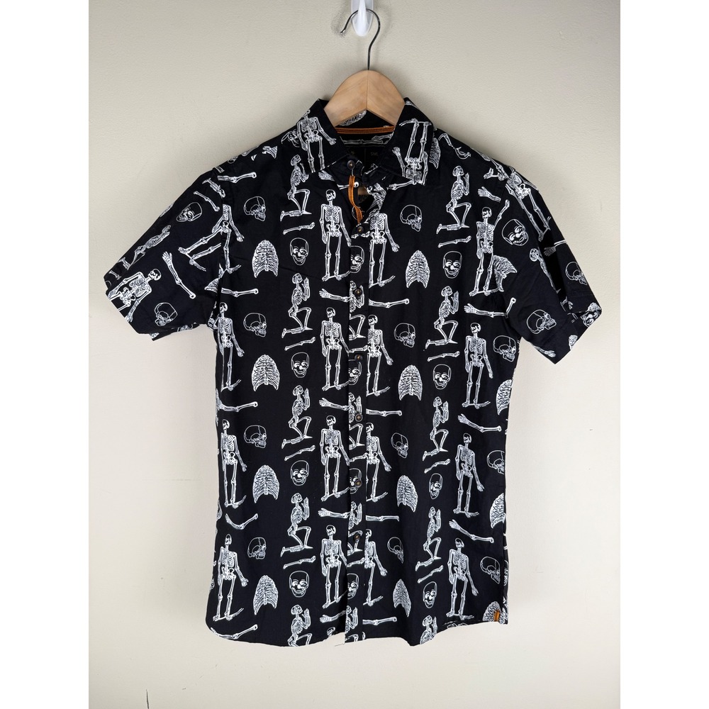 Rugby University SMALL Skeleton Skull Print Button Down Shirt Black White Cotton